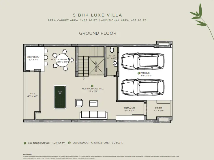 Arvind Forest Trails 5 BHK Luxe Villa floor plan featuring double-height dining, multipurpose hall, terrace and lift provision