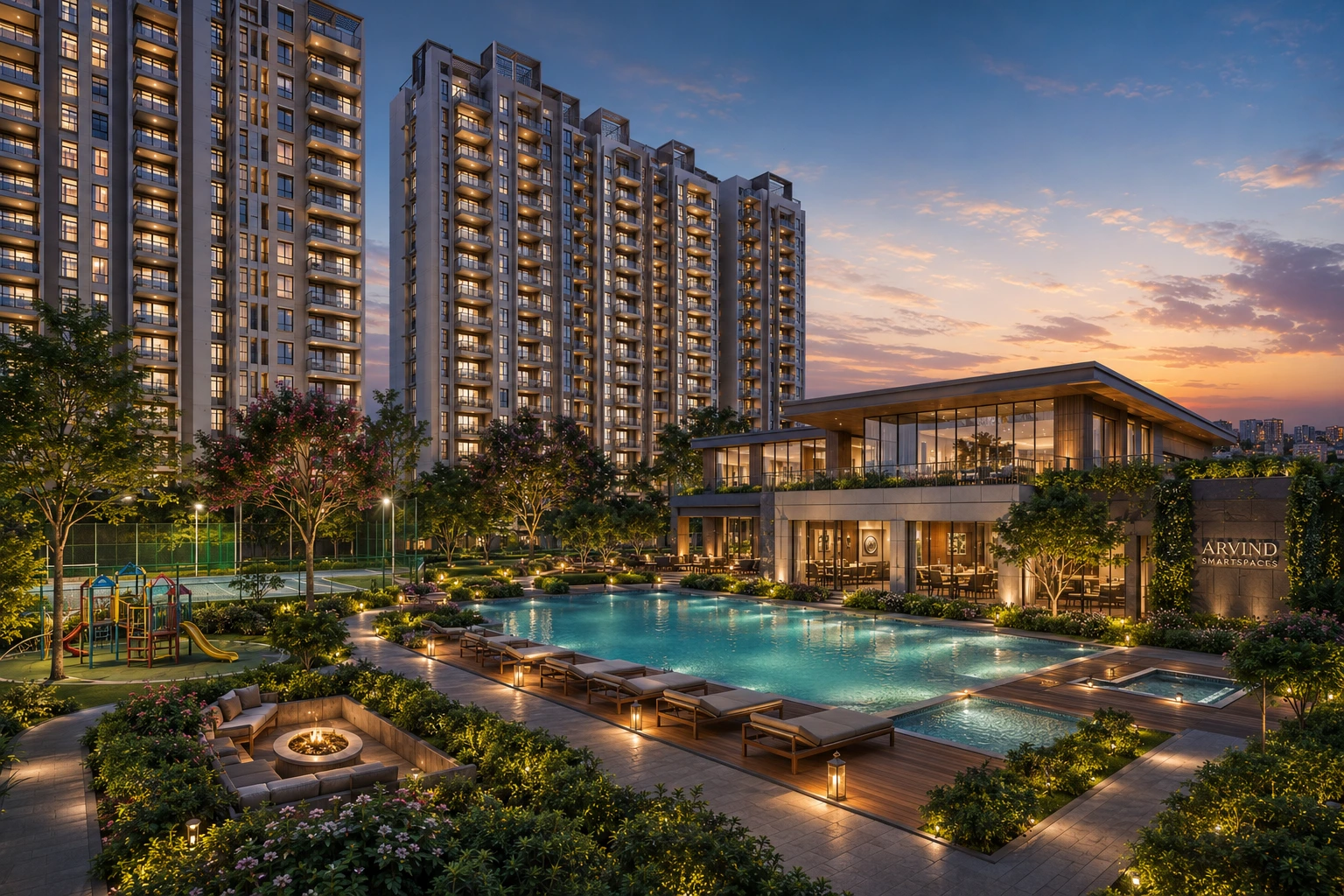 Luxury clubhouse and swimming pool at Arvind Sarjapur Road apartments in Bangalore