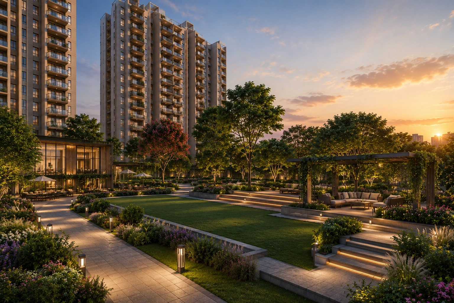Landscaped gardens and outdoor seating areas at Arvind ITPL Main road Whitefield apartments Bangalore