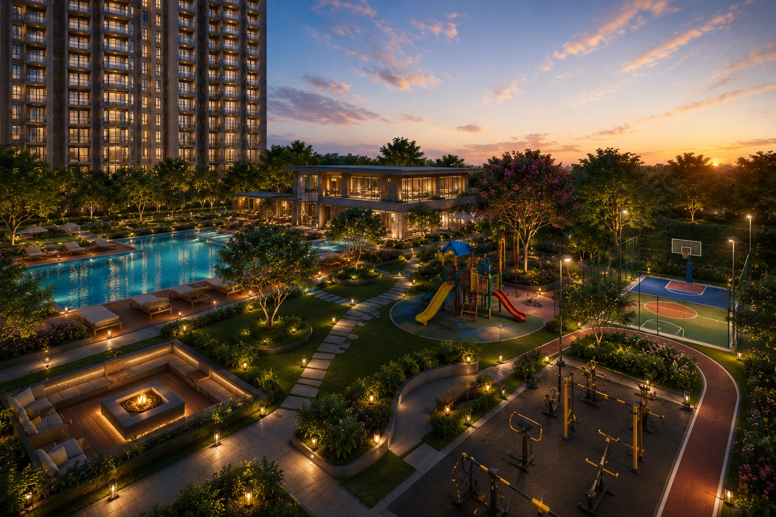 Resort-style amenities including swimming pool, fitness zone, kids play area and landscaped gardens at Arvind Sarjapur Road