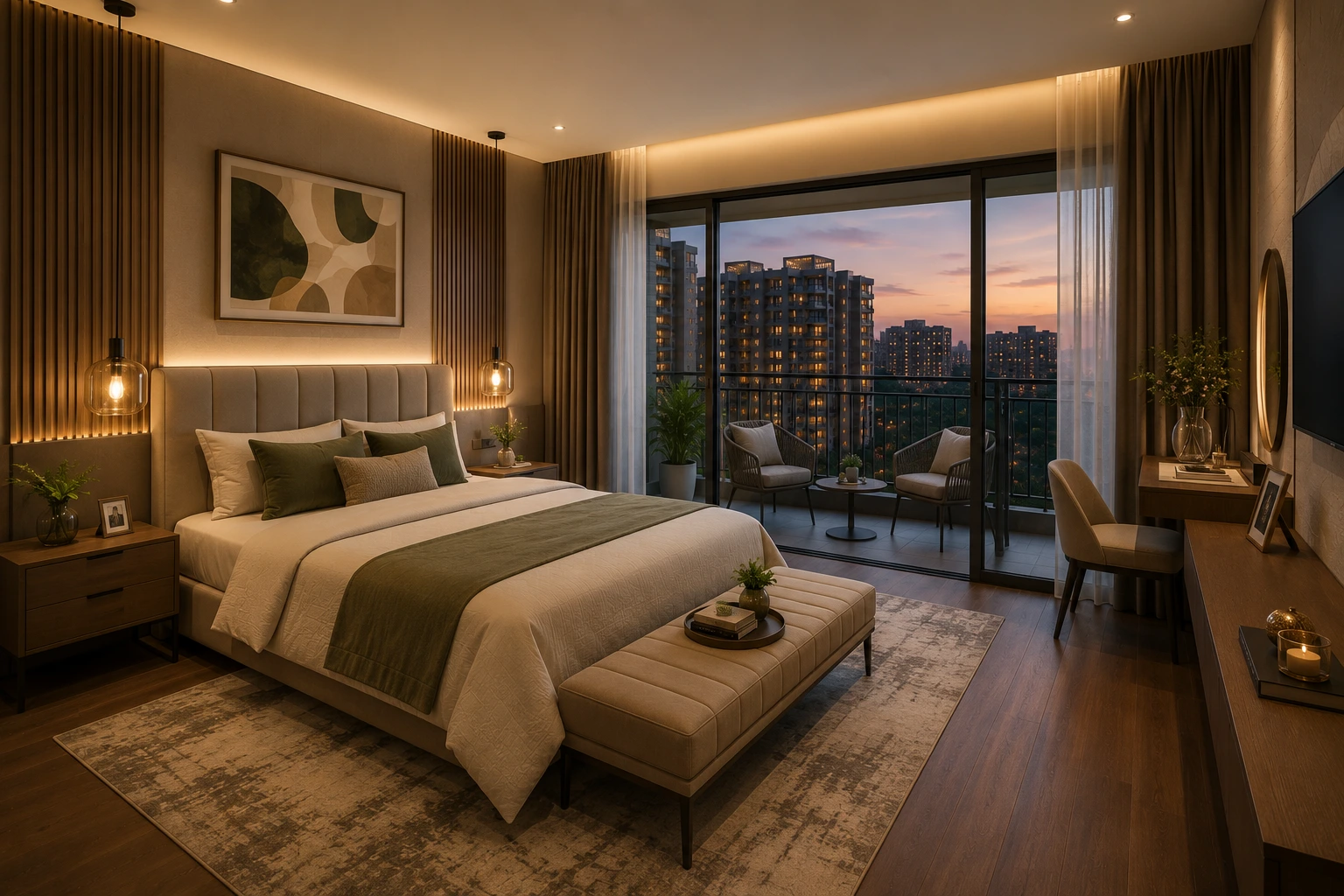Premium master bedroom with balcony and modern interiors at Arvind ITPL Main road Whitefield apartments Bangalore