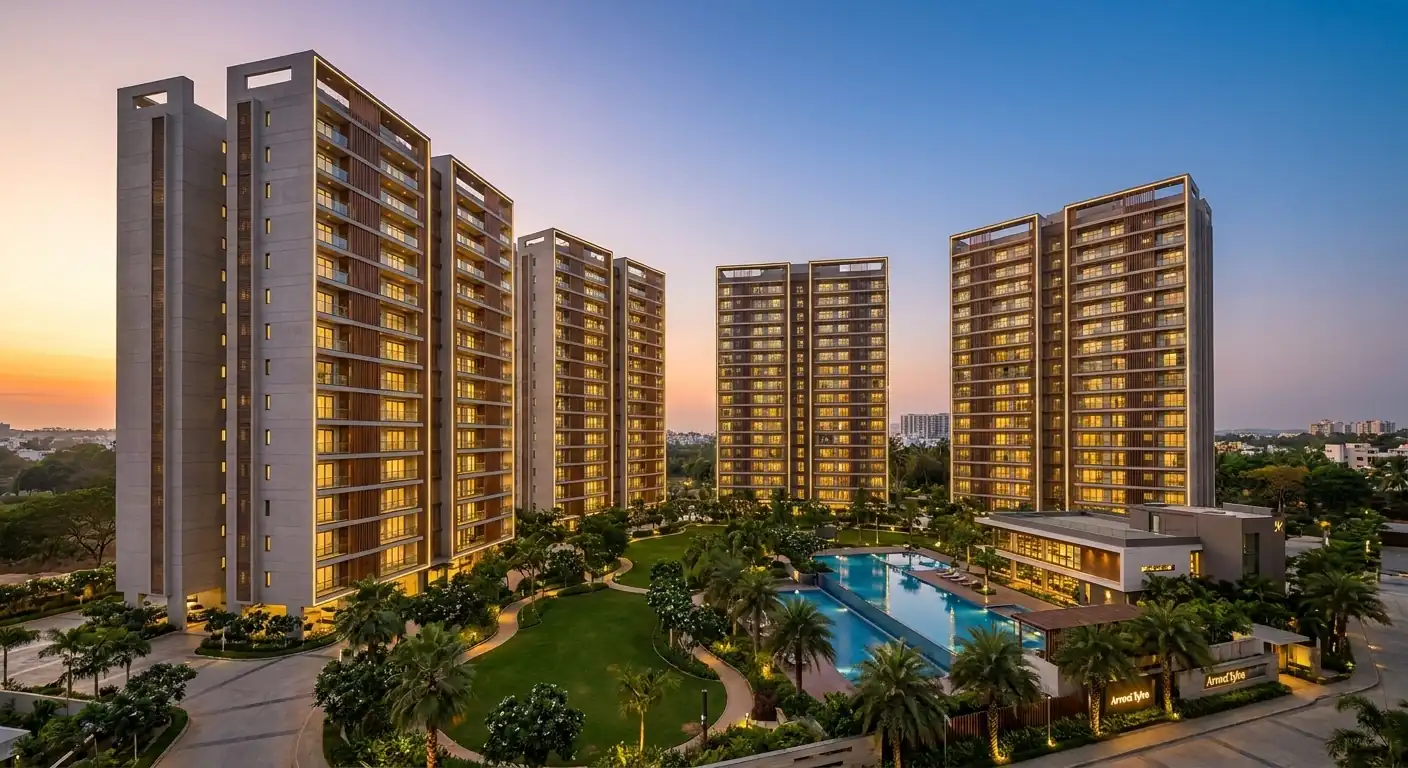 Aerial dusk view of Arvind Sylva high-rise luxury apartment towers, grand clubhouse, and swimming pool surrounded by landscaped gardens on Sarjapur Road, Bangalore.