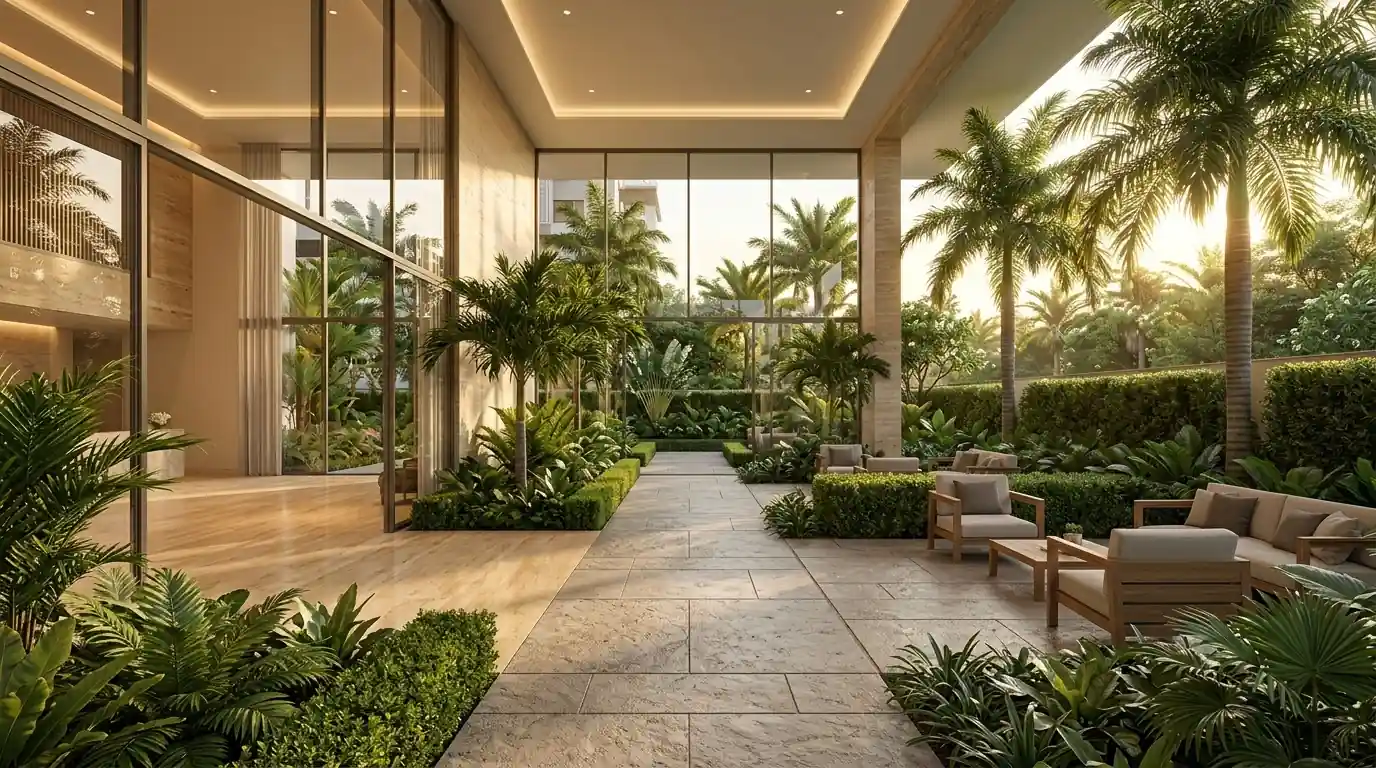 Arvind ITPL Whitefield luxury landscaped clubhouse entrance with tropical gardens and stone paved walkway Bangalore