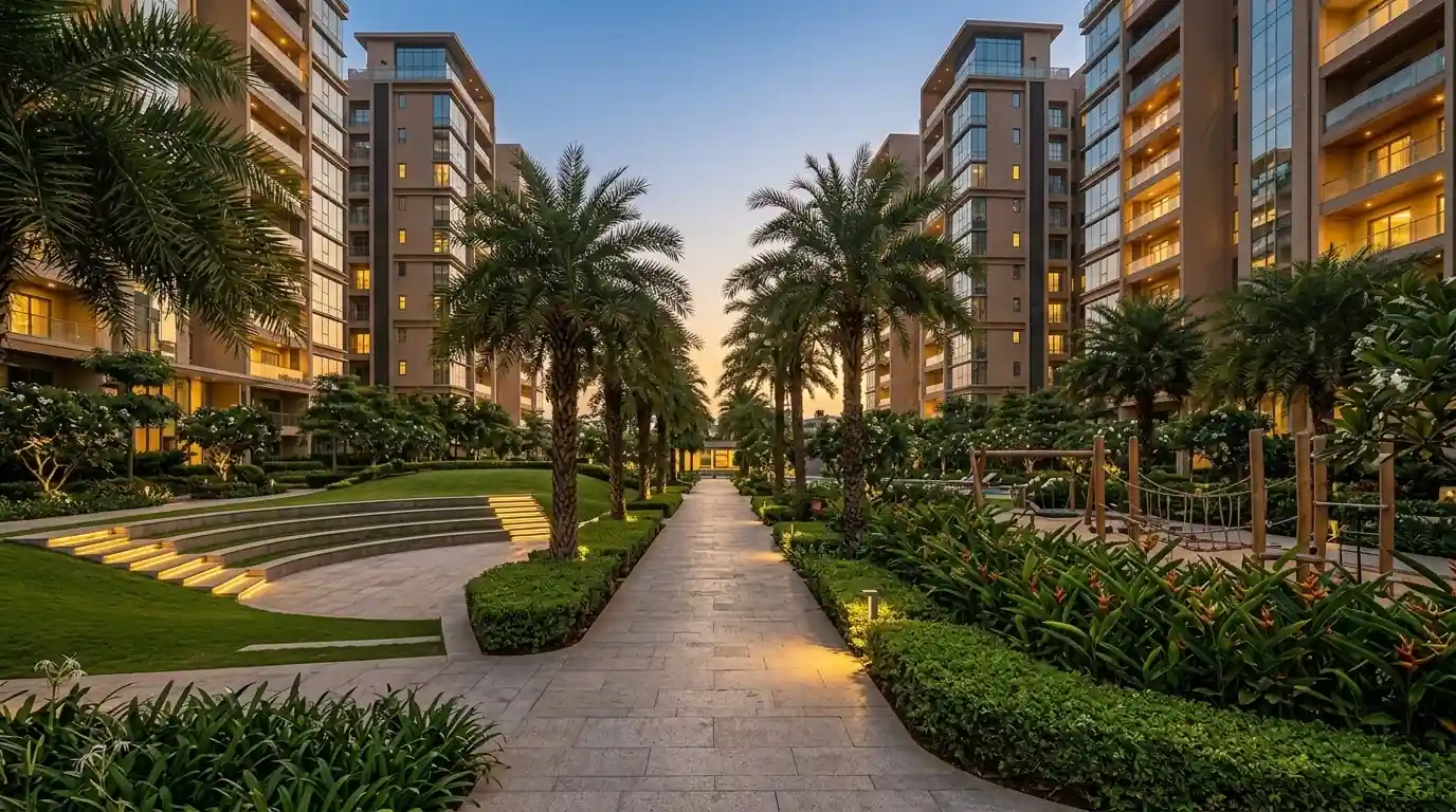 Arvind ITPL Whitefield low density residential community landscaped walkway with palm trees and luxury towers at golden hour Bangalore
