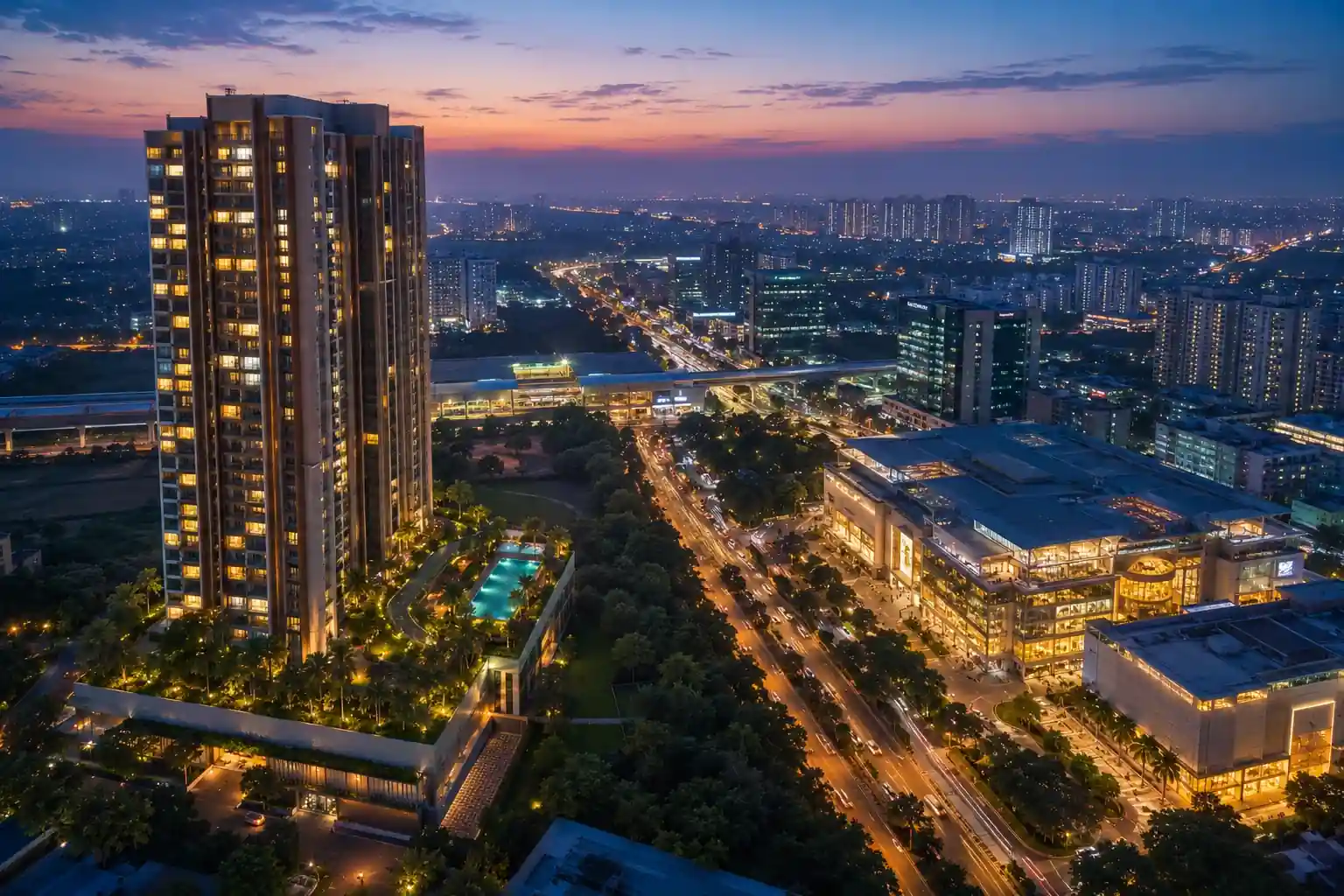 Arvind ITPL Whitefield luxury 3 and 4 BHK apartments opposite Phoenix MarketCity on Whitefield Main Road Bangalore aerial twilight view