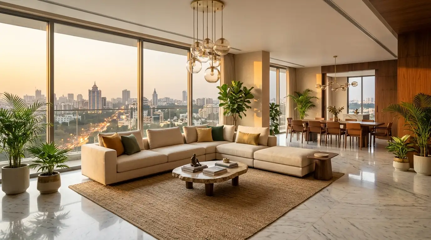 Arvind ITPL Whitefield luxury 4 BHK living room with floor to ceiling windows and Bangalore city skyline view at golden hour