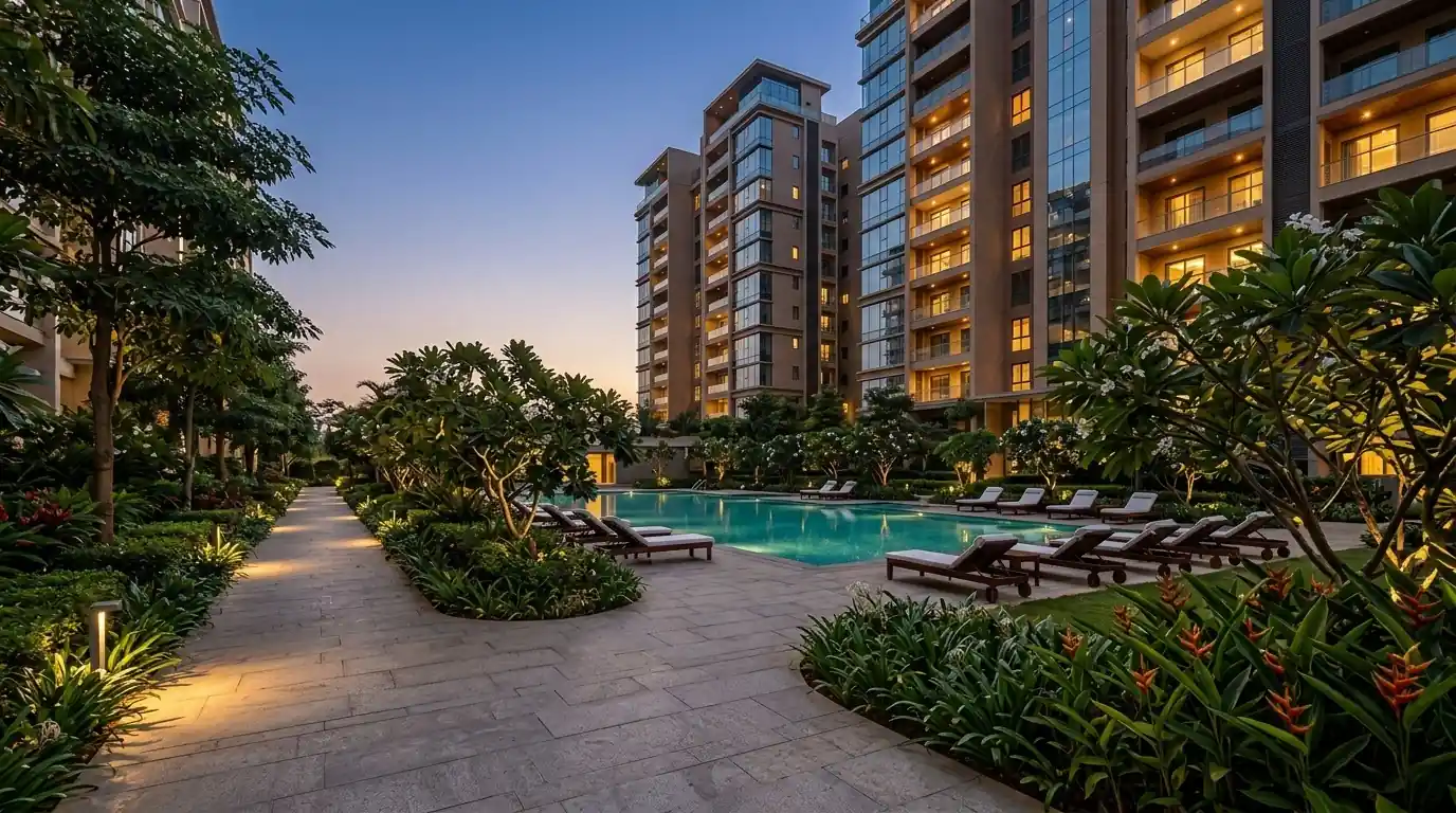 Arvind ITPL Whitefield swimming pool with lush landscaped gardens and luxury residential towers at dusk Bangalore
